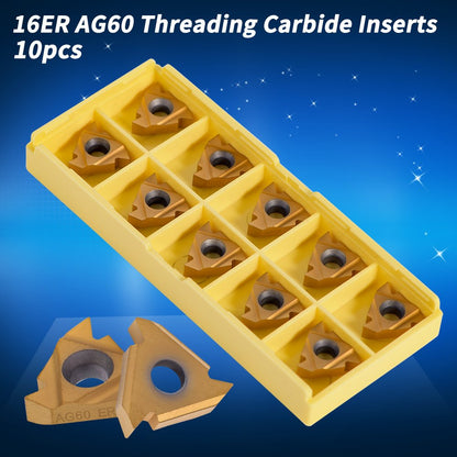 10pcs 3/8'' 16ER AG60 Carbide Insert Cutters for Metal Stainless Machine Lathe Milling Tool External Threading with Case for Indexable Lathe Toolholder