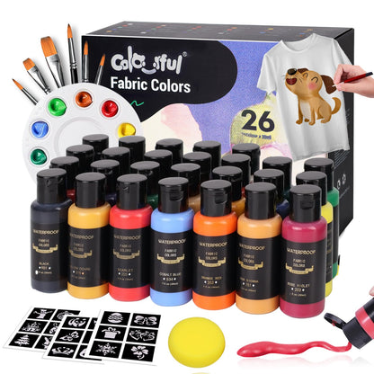 Colorful Permanent Fabric Paint, 26 Colors Soft Fabric Paint in Bottles (30ml/1oz) with Brushes, Palette,Non-Toxic Textile Paint for Clothes, T-Shirts, Shoes Art