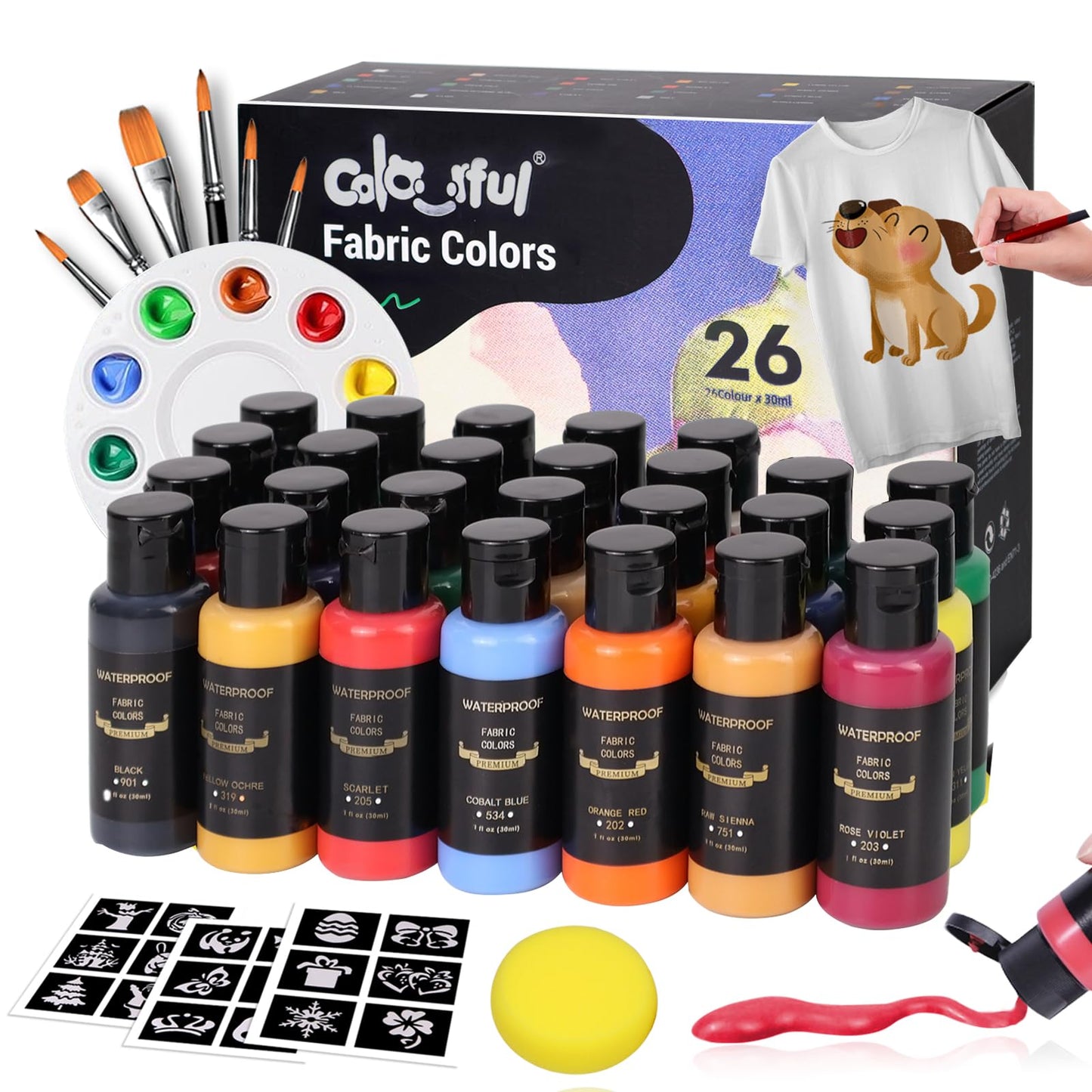 Colorful Permanent Fabric Paint, 26 Colors Soft Fabric Paint in Bottles (30ml/1oz) with Brushes, Palette,Non-Toxic Textile Paint for Clothes, T-Shirts, Shoes Art