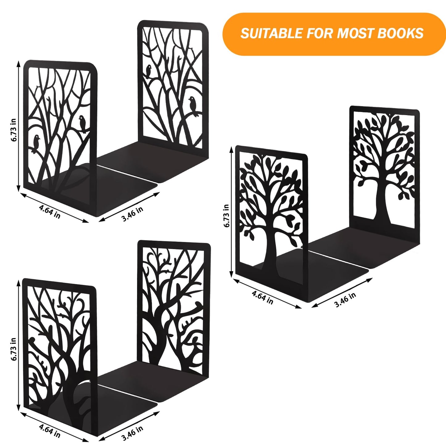 Cyrico Book Ends, 3 Pairs Metal Tree Bookend Holders for Shelves, Heavy Duty Organizer Decorative Book End Stoppers for Home Office School, 6.6 x 4.7 x 3.5 Inch, Black