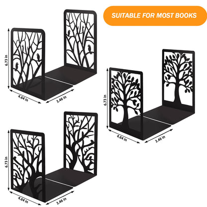 Cyrico Book Ends, 3 Pairs Metal Tree Bookend Holders for Shelves, Heavy Duty Organizer Decorative Book End Stoppers for Home Office School, 6.6 x 4.7 x 3.5 Inch, Black