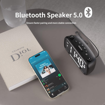 Digital Alarm Clock Radio for Bedrooms with Bluetooth Speaker, High Fidelity Sound, Bedside Clock with 2 Charging Ports, Adjustable Dimmer & Volume, Night Light, Auto-Off Timer, Ideal for Home Office