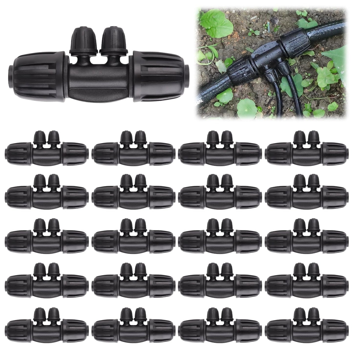 20PCS Locked Barbed Tee Connectors, Kalolary 1/2" to 1/4" Drip Irrigation Fittings Kit 12/16mm to 4/7mm Tube Lock Female Connector 4-Way Barbed Lock Irrigation Parts for Watering System (Black)