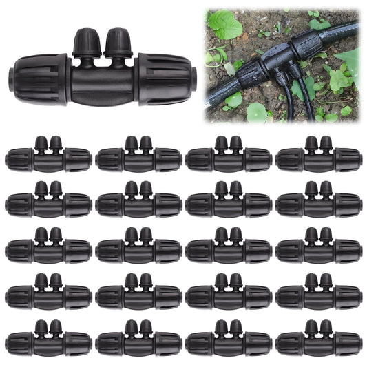 20PCS Locked Barbed Tee Connectors, Kalolary 1/2" to 1/4" Drip Irrigation Fittings Kit 12/16mm to 4/7mm Tube Lock Female Connector 4-Way Barbed Lock Irrigation Parts for Watering System (Black)