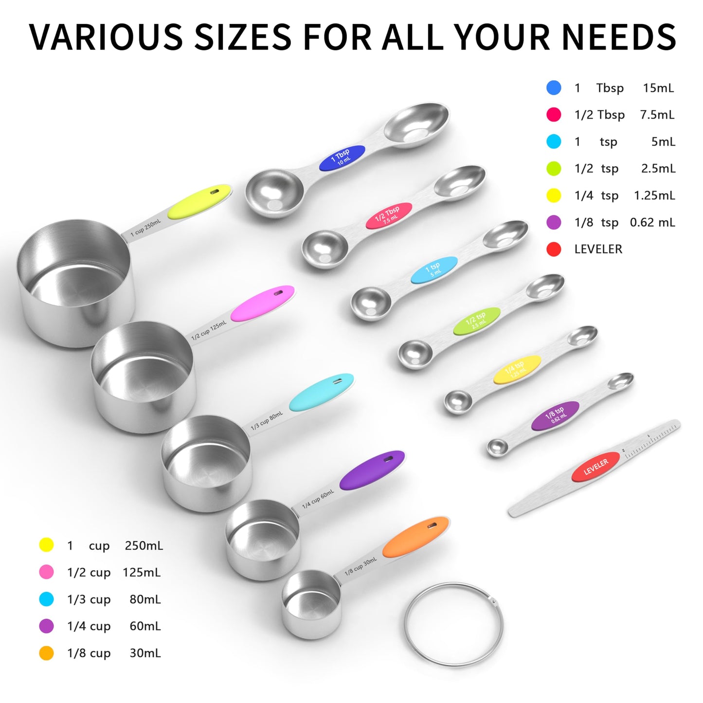 TILUCK Measuring Cups and Magnetic Measuring Spoons Set, Stainless Steel Measuring Cups, 6 Double-Sided Stainless Steel Measuring Spoons & 1 Leveler (5+7)
