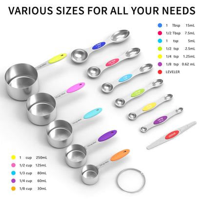 TILUCK Measuring Cups and Magnetic Measuring Spoons Set, Stainless Steel Measuring Cups, 6 Double-Sided Stainless Steel Measuring Spoons & 1 Leveler (5+7)