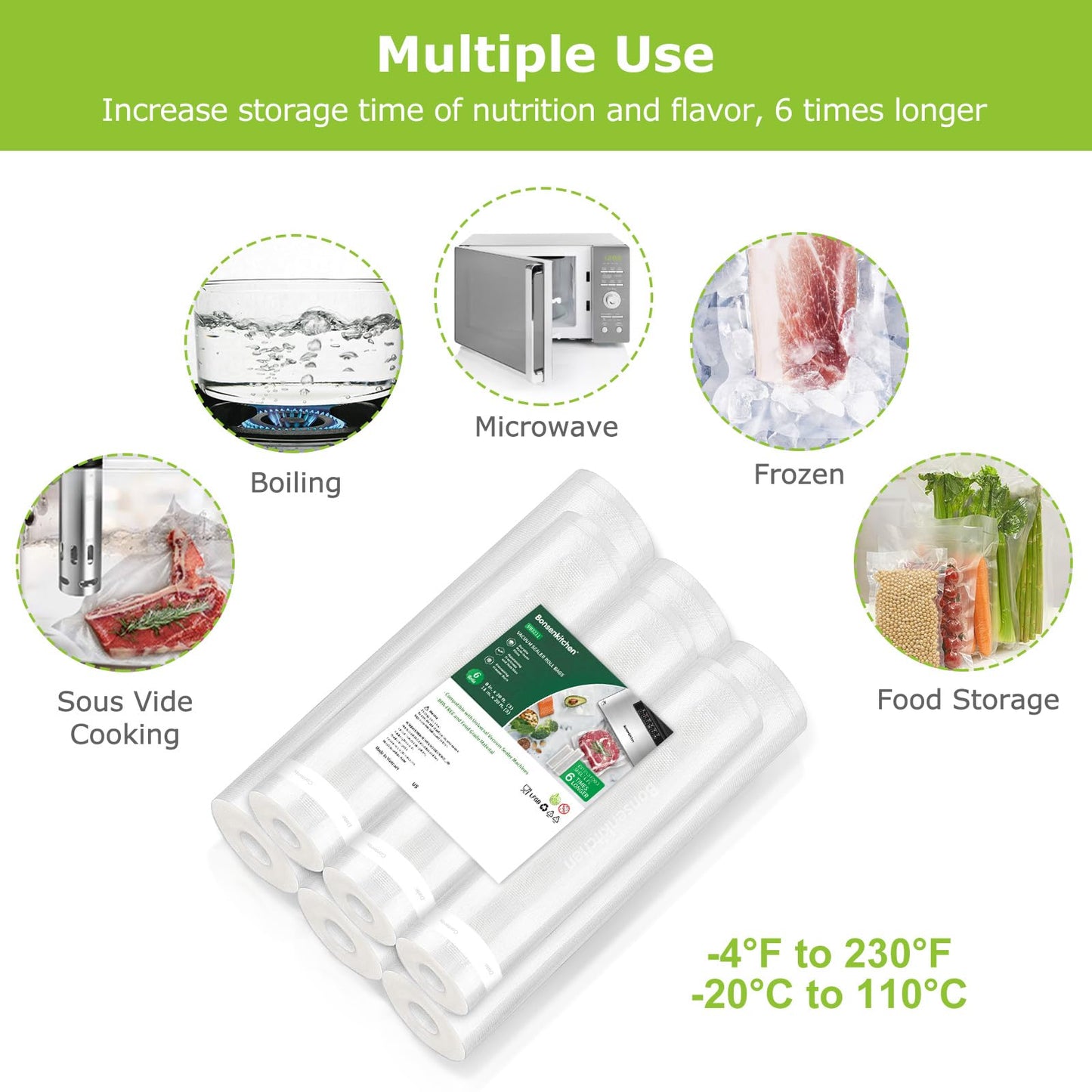 Bonsenkitchen Vacuum Sealer Bags, 6 Pack 3 Rolls 11" x 20' + 3 Rolls 8" x 20' Food Sealer Bags, Food Grade, BPA Free, Customized Size Vcuum Bag for Vac Storage, Meal Prep or Sous Vide Cooking, VB3211