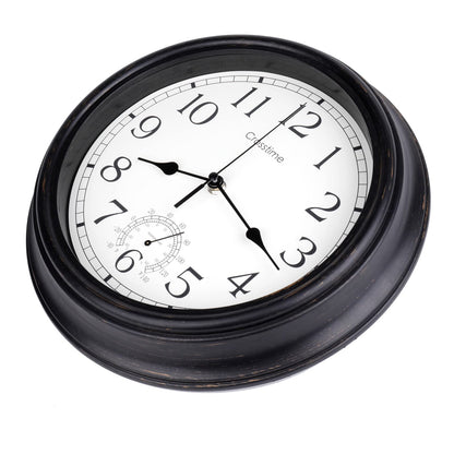 12 Inch Outdoor Clock Waterproof with Thermometer Combo, Retro Indoor Outdoor Wall Clocks for Patio Pool Garden Bahtroom Home Decor, Bronze