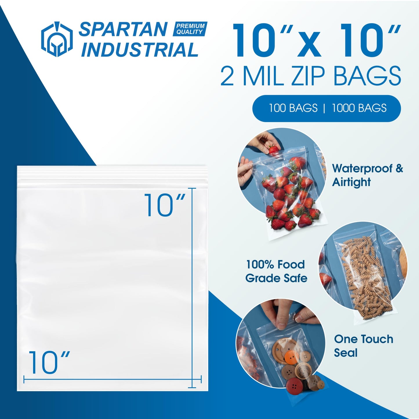 Spartan Industrial - 10” X 10” (100 Count) 2 Mil Clear Reclosable Zip Plastic Poly Bags with Resealable Lock Seal Zipper