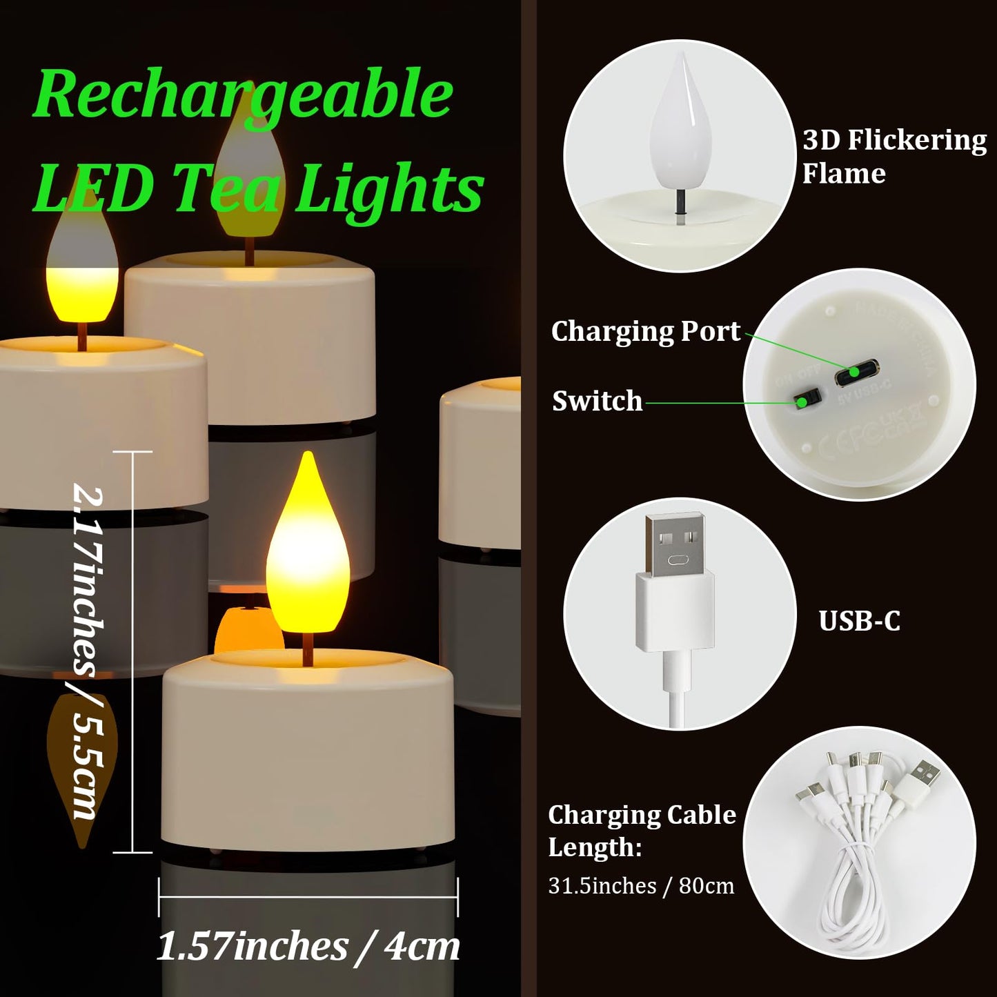 SoulBay Rechargeable Tea Lights with Remote, 6pcs LED Electric Flameless Flickering Candles with Timer & USB Cable for Home Lantern Table Party Bedroom Holiday Decorations, No Battery Needed