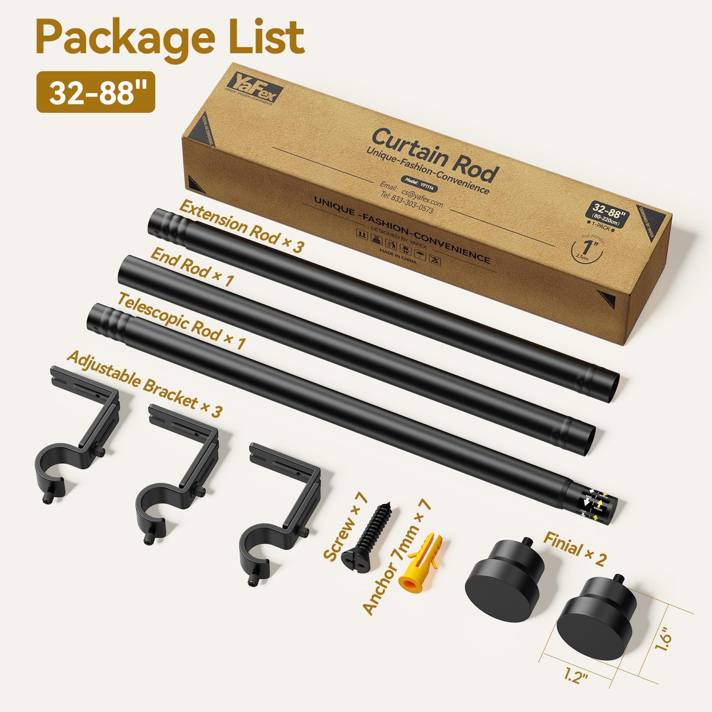 YaFex Curtain Rod 32-84 Inch, Heavy Duty 1 Inch Adjustable Curtain Pole, Black Long Curtains Rods for Window, Modern Design, Easy Installation