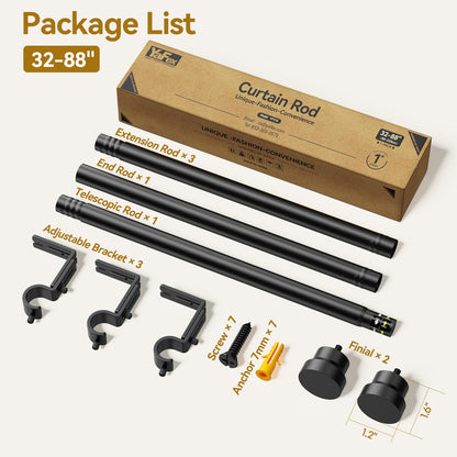 YaFex Curtain Rod 32-84 Inch, Heavy Duty 1 Inch Adjustable Curtain Pole, Black Long Curtains Rods for Window, Modern Design, Easy Installation