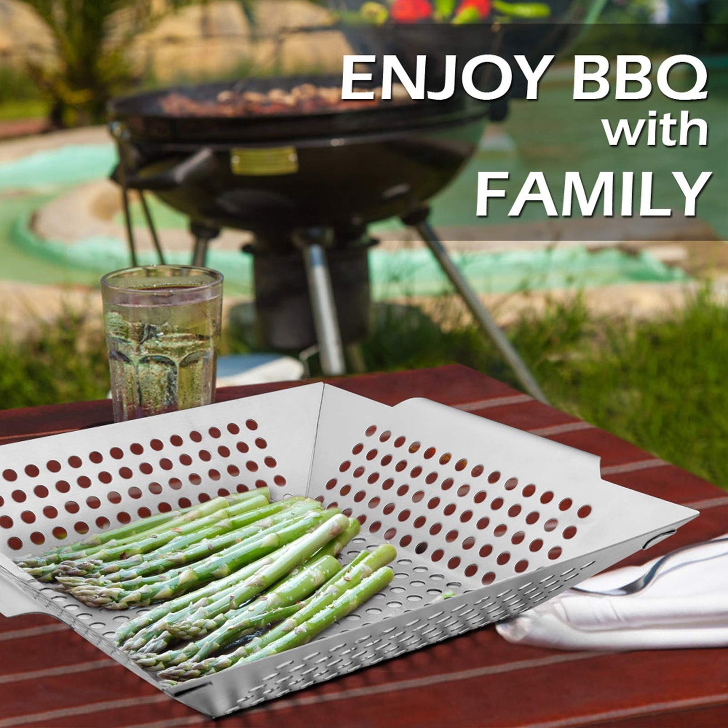 8” Grilling Basket, HaSteeL Small BBQ Grill Basket Wok Set of 2 for Vegetable, Kabobs, Shrimps, Heavy Duty Stainless Steel Grilling Accessories for All Grills, Dishwasher Safe