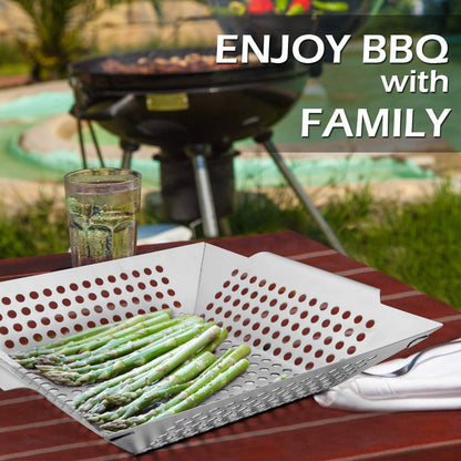 8” Grilling Basket, HaSteeL Small BBQ Grill Basket Wok Set of 2 for Vegetable, Kabobs, Shrimps, Heavy Duty Stainless Steel Grilling Accessories for All Grills, Dishwasher Safe