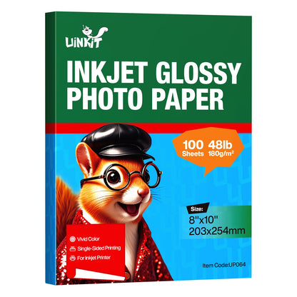 Uinkit Glossy Inkjet Photo Paper 8x10 Inches 100 Sheets 48lb Dye Ink 180Gsm Professional Photographic Paper Letter Size 8.5mil Instant Dry Suitable for All Dye Ink Printers (8x10Inches)