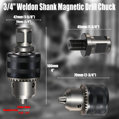 Vearter 1/16''-1/2'' Magnetic Drill Chuck Adapter, 3/4'' Weldon Shank with Chuck Key, 1/2''-20 UNF Thread Drill Bit Adapter, Mag Drill Chuck for Magnetic Drill