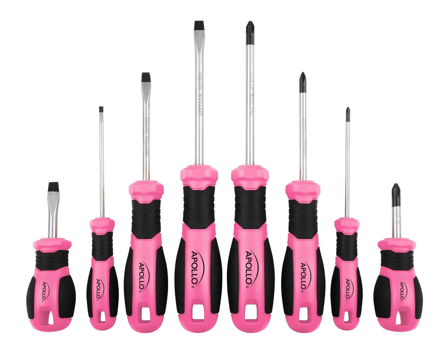 Apollo Tools Pink 8 Piece Essential Screwdriver Set Phillips and Slotted with Magnetic Tips and Non-Slip Comfort Handles. Includes Stubby Screwdrivers for Tight Spaces - Pink Ribbon - Pink - DT5018P