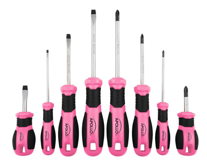 Apollo Tools Pink 8 Piece Essential Screwdriver Set Phillips and Slotted with Magnetic Tips and Non-Slip Comfort Handles. Includes Stubby Screwdrivers for Tight Spaces - Pink Ribbon - Pink - DT5018P