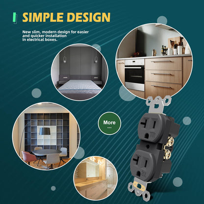 TOPELER Duplex Electrical Outlets, Residential Grade Receptacle Outlet, 20Amp 125V, Self-Grounding, 2-Pole, 3-Wire, Standard Electrical Wall Socket with Wall Plate, UL Listed, Black, 10 Pack