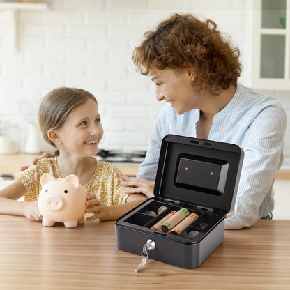 Cash Box with Money Tray and Lock Small Cash Box with Key Lock Box for Money 7.87 x 6.3 x 3.54 Inches Black