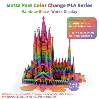 ZIRO 3D Printer Filament PLA, Fast Color Changing Filament(Matte), Color Change by Length PLA, Fit Most FDM 3D Printers, Matte Finish 1KG/ 2.2lbs Spool, Rainbow Blaze
