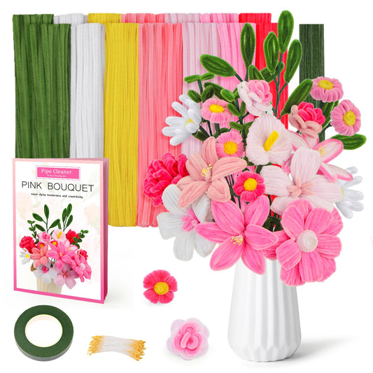 550 Pcs Pipe Cleaners Craft, 7 Colors Chenille Stems Pipe Cleaners Flower Kit, Pipe Cleaner Bulk Flower Making Crafts Kit with Supplies, Instructions for Festival Home Decor