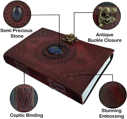 Tuzech Leather Journal Large Writing Notebook - Handmade Leather Bound Vintage Journal For Women and Men with Lock And Semi-Precious Stone Gift For Art Sketchbook, Travel Diary And Notebooks To Write In 7 by 5 Inches (Brown)