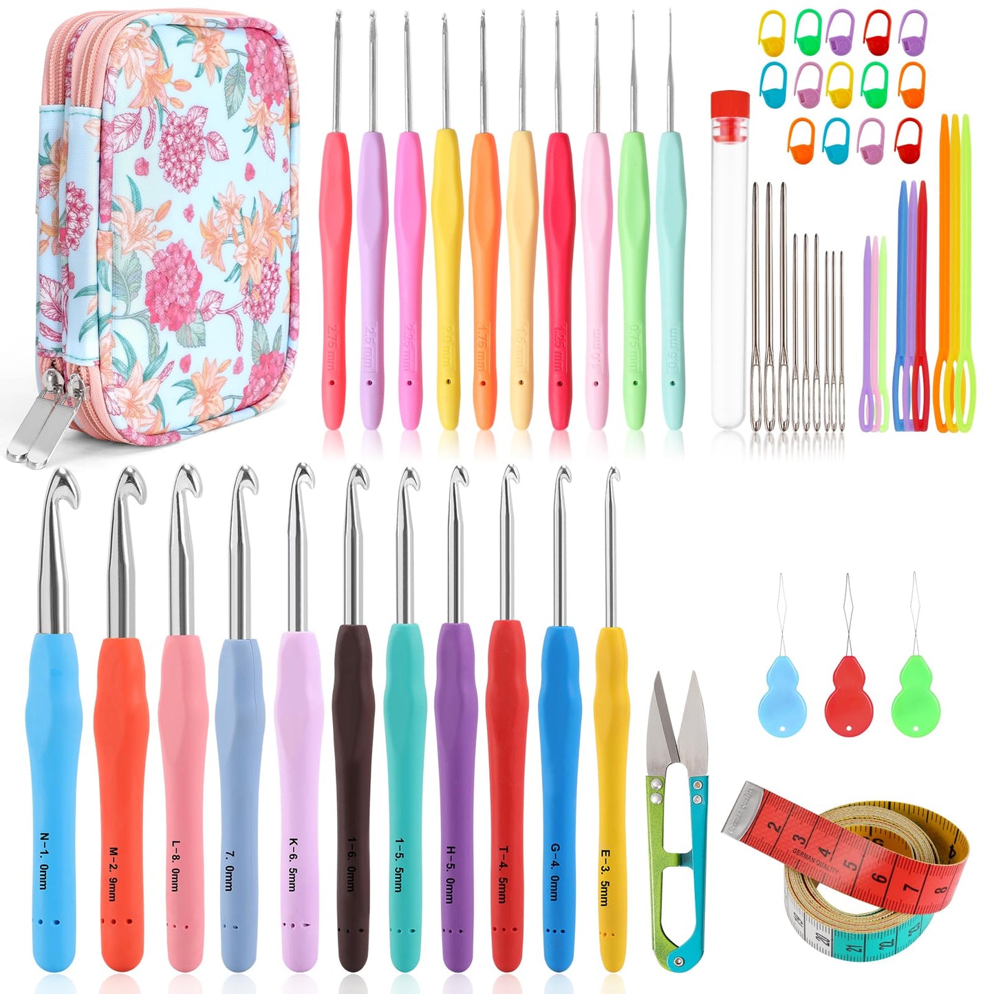 Vodiye 21 Sizes Ergonomic Crochet Hooks Set 0.5–10.0mm with Case, Soft Grip Crochet Needles for Crocheting Comfort