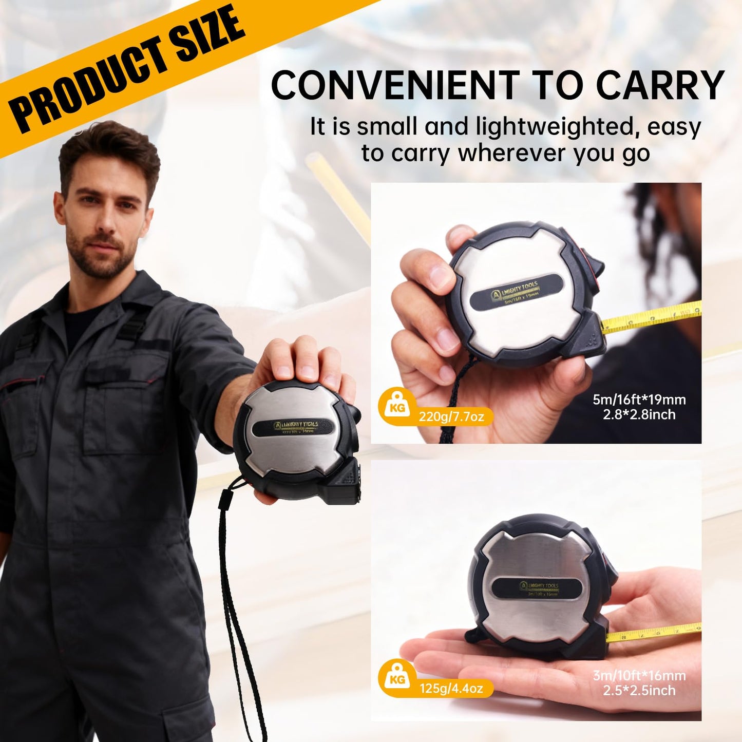 Tape Measure, Small Retractable Measuring Tape, Mini Tape Measure with Metric/Inch, Dual Sided, Magnetic Hooks, Rubber + Stainless Steel Case, for Home, Construction & DIY (16ft)