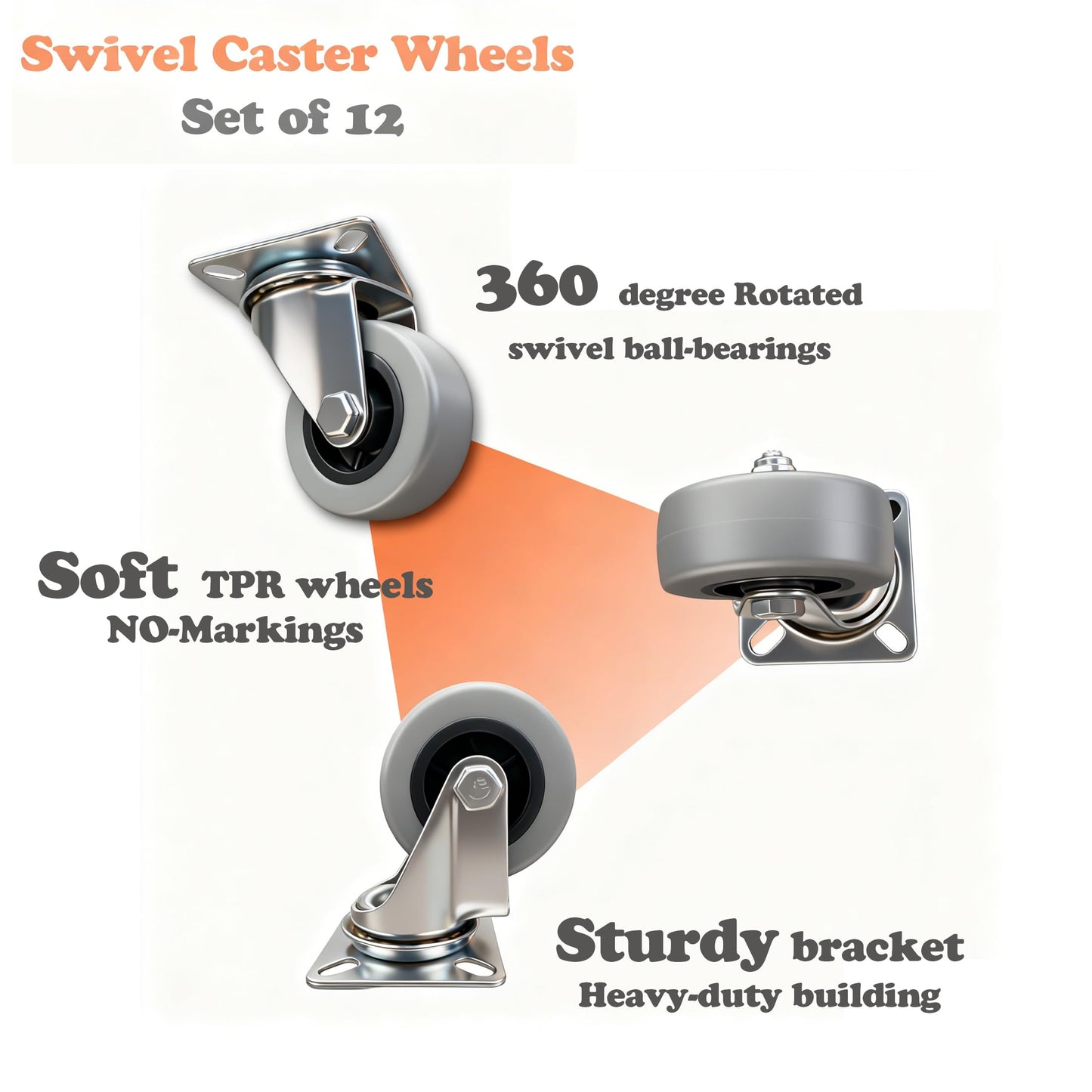 12 Pack 2 Inch Heavy Duty Swivel Caster Wheels, 360 Rotated Plate Wheels, Silent Soft TPR Rolling Castors for Furniture, Utility Carts, Moving Dollies, Shelves, Workshop Equipment