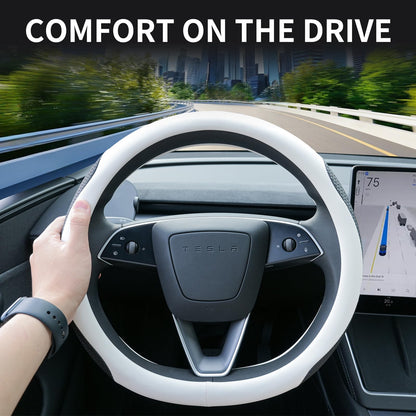Uxcer Nappa Leather Steering Wheel Cover for Tesla Model 3/Y 2016-2025 2026 Juniper/Highland, Non-Slip Breathable Tesla Model 3/Y Steering Wheel Protector, White