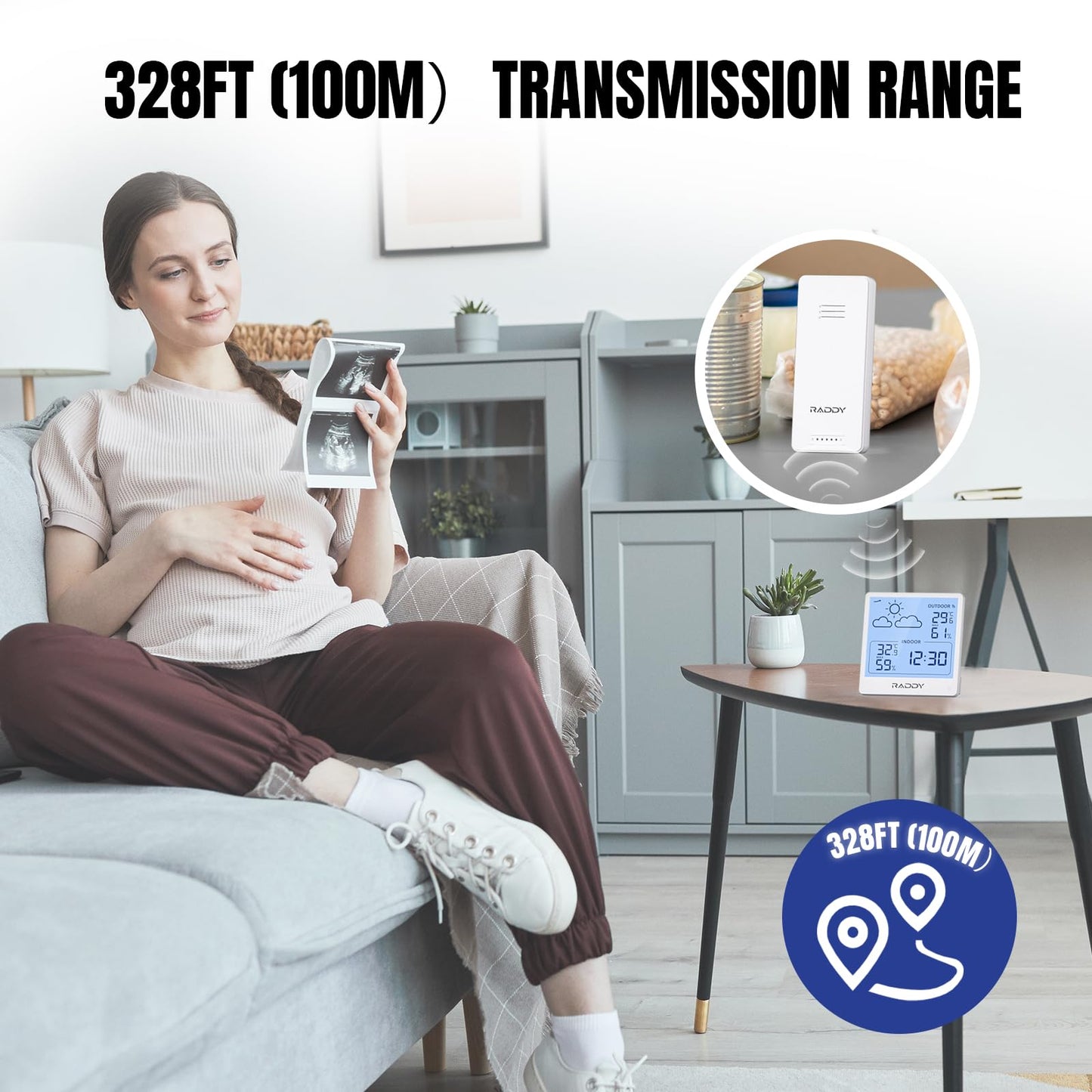 Raddy WF-50T Indoor Outdoor Thermometer Hygrometer Wireless Weather Station, Battery Powered Temperature & Humidity Monitor with 5.0’’ TN Display, Weather Forecast, Wireless Remote Sensor (White)