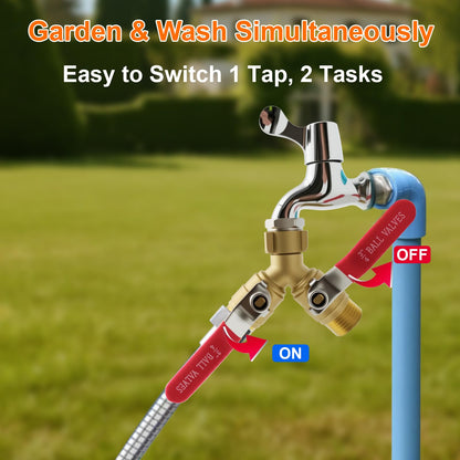 3/4" GHT 2-Way Heavy Duty Hose Splitter - Solid Brass Body & Red-Coated 304 Stainless Steel Handle for RV and Garden Use