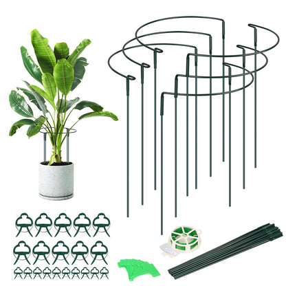 6 Pack Plant Support Stakes, Upgraded Extend Support Poles13-24 in, Metal Half Round Plant Support Ring with 10 Clips + 30m Ties +10 Label Inserts for Peonies, Tomatoes, Peonies Indoor/Outdoor