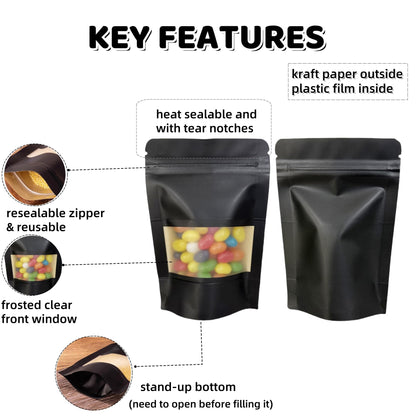 PABCK 50 Pcs Black Kraft Paper Window Bags Seeds Envelopes Stand Up Zipper Resealable Plastic Food Storage Bag Lock Seed Packets for Candy Spices Coffee Packaging Smell Proof 16x24cm (6.3x9.45 inch)