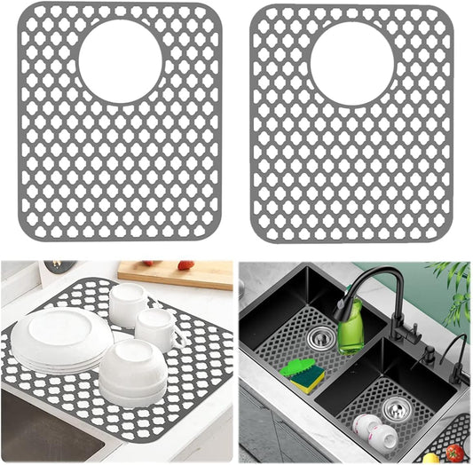 Wonninek Silicone Kitchen Sink Mat, 2 PCS Kitchen Sink Protector Grid Accessory with Rear Drain, Non-Slip Heat Resistant Sink Mats for Bottom of Farmhouse Stainless Steel Sink (Grey 13.6''x11.6'')