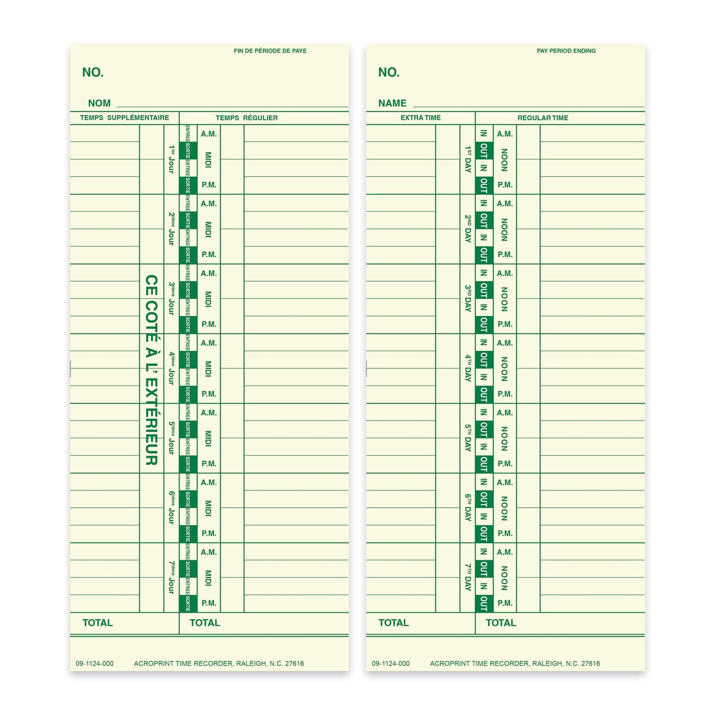 Acroprint Weekly Timecards- 09-1124-000 for ES900/125/150 Models. Bilingual 250 Pack