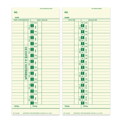 Acroprint Weekly Timecards- 09-1124-000 for ES900/125/150 Models. Bilingual 250 Pack
