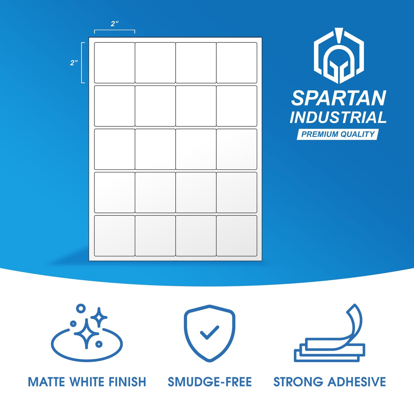 2" X 2" Square Printable Labels Compatible with Inkjet and Laser Printers - 100 Sheets, 2000 Matte White Paper Stickers for Logos, Product Labeling, and QR Codes - Spartan Industrial Template S002