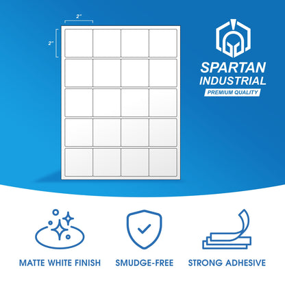 2" X 2" Square Printable Labels Compatible with Inkjet and Laser Printers - 100 Sheets, 2000 Matte White Paper Stickers for Logos, Product Labeling, and QR Codes - Spartan Industrial Template S002
