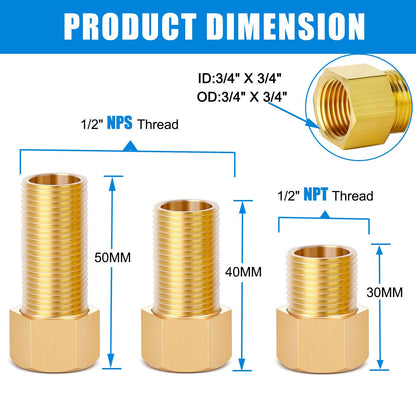1/2" Brass Pipe Fitting, 1/2" Female to 1/2" Male Pipe Extension Fittings for Tub Spout/Shower,Brass Hex Bushing Adapter Reducer Adapter,Length 30MM/40MM/50MM (3PCS) with Teflon Tape (2pcs)