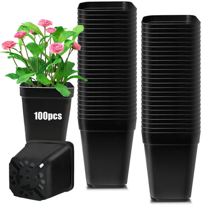 YELINTIAN 100 Pcs Square Seedling Nursery Pots, 2.76Inches Plastic Plant Seedling Pot with Drainage Hole Saucers for Flower, Succulent, Herb, Small Potted Plants