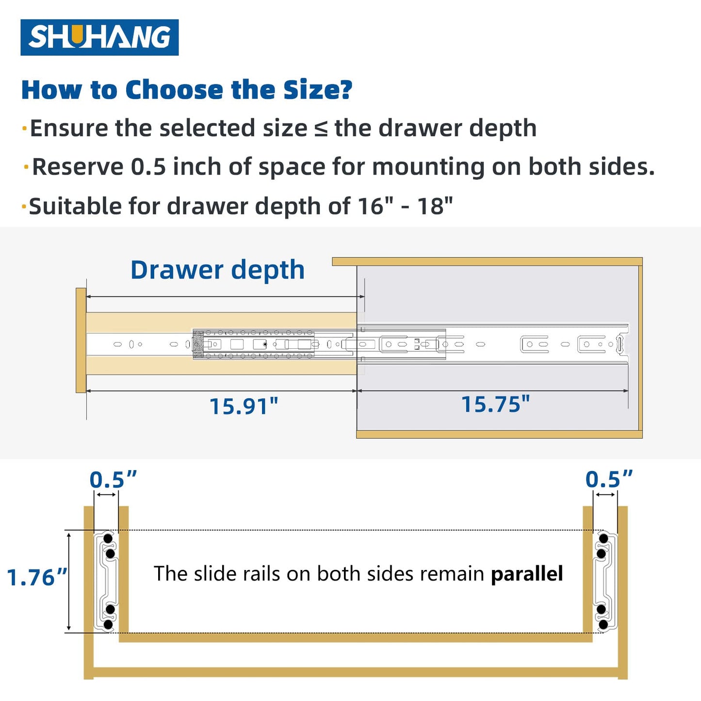 SHUHANG Full Extension Drawer Slides 8 10 12 14 16 18 20 22 24 Inch 100lb Load Capacity Side Mount Ball Bearing Glides Runners Rails Cabinet Dresser Wardrobe Kitchen Trash (16 Inch,1 Pair)
