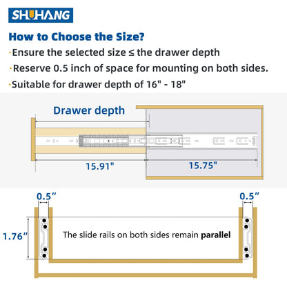 SHUHANG Full Extension Drawer Slides 8 10 12 14 16 18 20 22 24 Inch 100lb Load Capacity Side Mount Ball Bearing Glides Runners Rails Cabinet Dresser Wardrobe Kitchen Trash (16 Inch,1 Pair)