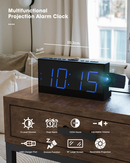 Projection Alarm Clock with USB Charging, 180° Rotating Projector (Up to 11ft), Dual Alarms, 5-Level Dimmer, 12/24H, DST, Snooze Function - Ideal for Heavy Sleepers, Seniors & Kids