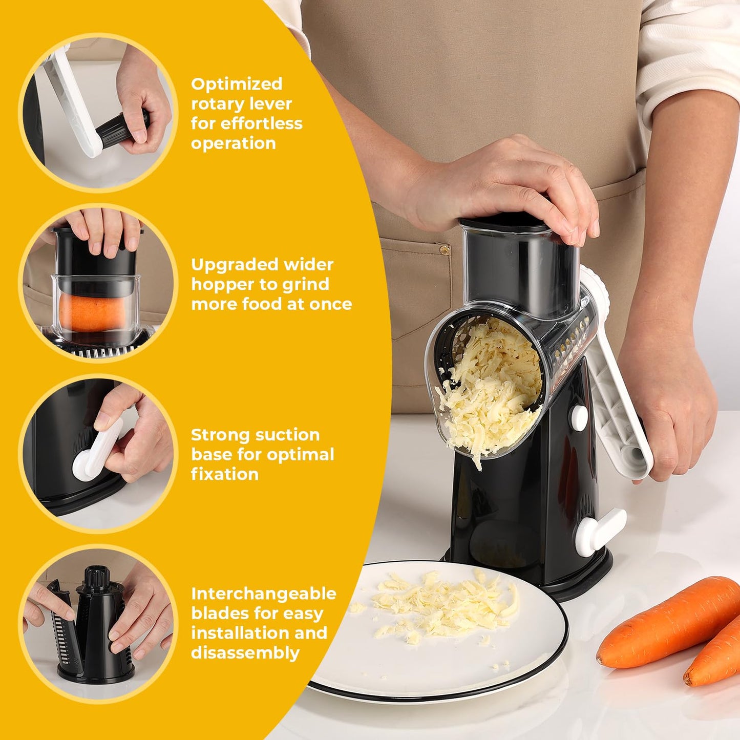 Vihoom Rotary Cheese Grater, 5 in 1 Interchangeable Blades Cheese Shredder, Mandoline Slicer for Kitchen with Cleaning Brush & Bonus Storage Box for Blades (Black)