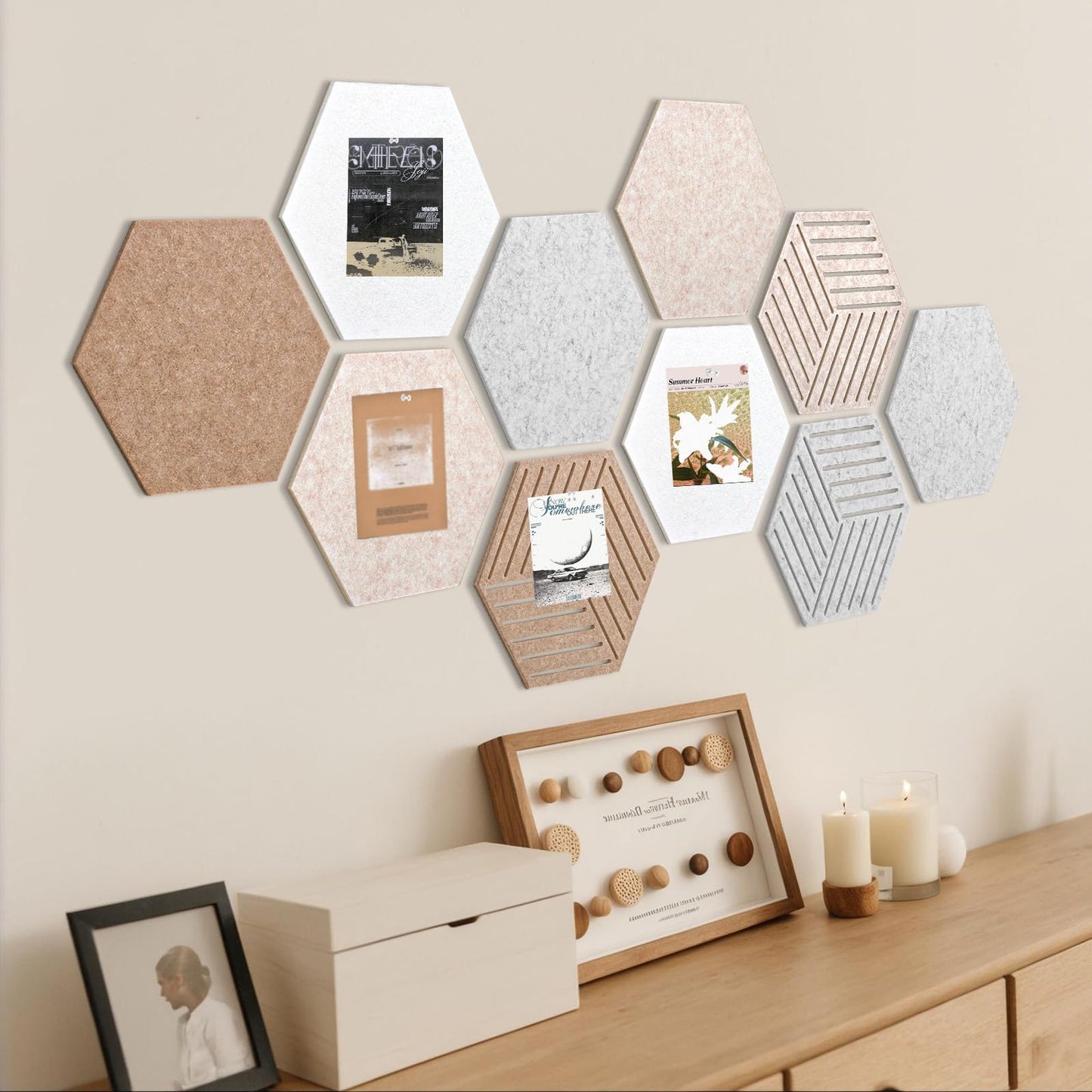 Weldomcor Hexagon Cork Board Tiles 10 Pack Cute Felt Bulletin Boards with 30 Push Pins, 12''x10'' Small Adhesive Pin Display Board Decorative Photo Memo Notes Pinboard for Office Wall Dorm Home Decor