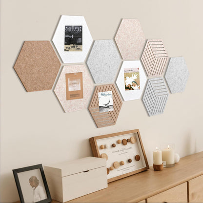 Weldomcor Hexagon Cork Board Tiles 10 Pack Cute Felt Bulletin Boards with 30 Push Pins, 12''x10'' Small Adhesive Pin Display Board Decorative Photo Memo Notes Pinboard for Office Wall Dorm Home Decor