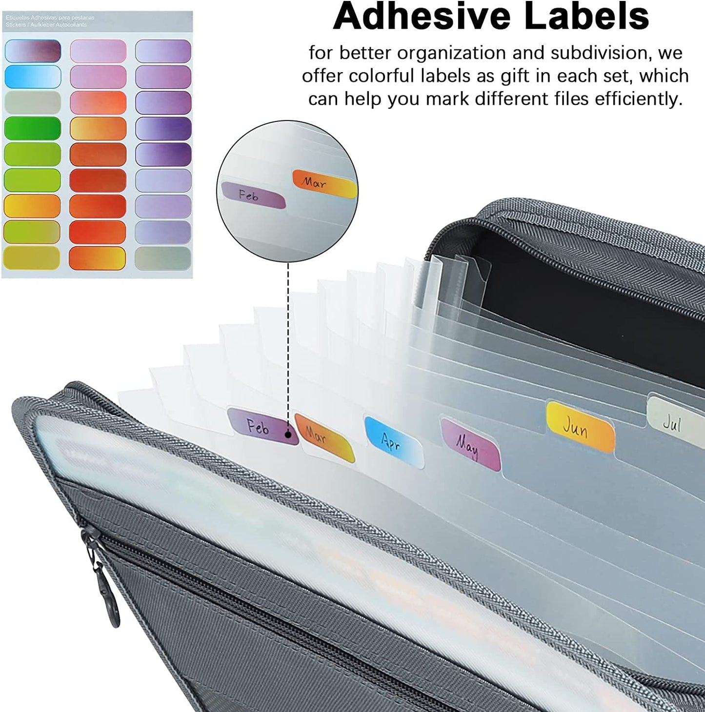 2 Pack A4 Letter Size Accordion File Organizer, 13 Pocket Expanding File Folder with Zipper Closure, Accordion File Folder Document Organizer Expanding Zip File Folder with Sticky Labels, Black