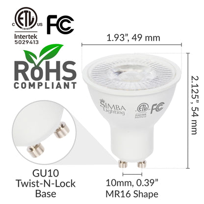 Simba Lighting LED GU10 5W Dimmable Spot Light Bulb (6 Pack) Halogen 50W Replacement MR16 Shape for Accent, Recessed, Track Lighting, 38° Beam Angle, 120V, Twist-N-Lock Bipin Base, 5000K Daylight